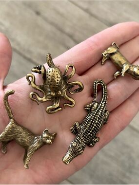 Antique Brass Animal Mini Figurines - Octopus, Crocodile, Cat, & Dog